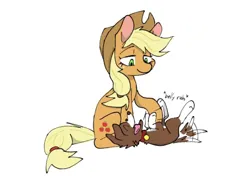 Size: 960x682 | Tagged: safe, artist:kosshkkosshk1, derpibooru import, applejack, winona, dog, earth pony, pony, g4, applejack's hat, bellyrubs, cowboy hat, female, hat, image, lidded eyes, lying down, mare, on back, png, simple background, sitting, solo, white background