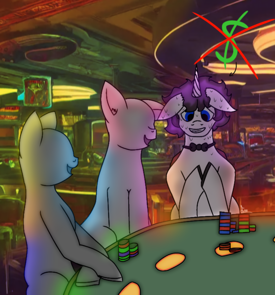 Size: 1440x1544 | Tagged: safe, artist:thomas.senko, derpibooru import, alicorn, earth pony, pony, background pony, bowtie, casino, commission, gambling, grin, image, male, nervous, nervous grin, nervous sweat, png, smiling, trio, trio focus, trio male