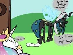 Size: 800x600 | Tagged: safe, artist:php10, princess celestia, queen chrysalis, alicorn, changeling, changeling queen, pony, /mlp/, 4chan, dialogue, drawthread, duo, eyes closed, female, image, mare, png, queen chrysalis is not amused, scrunchy face, smiling, snickering, speech bubble, stuck, toilet humor, toilet paper, toilet seat, unamused