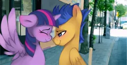 Size: 1342x692 | Tagged: safe, artist:themimicartist, derpibooru import, flash sentry, twilight sparkle, twilight sparkle (alicorn), alicorn, pegasus, pony, g4, duo, duo male and female, eyes closed, female, flashlight, image, irl, jpeg, male, mare, moments before disaster, photo, ponies in real life, shipping, smiling, spread wings, stallion, straight, the boys, wings