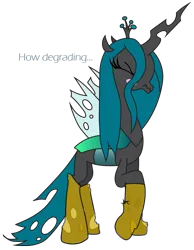 Size: 947x1222 | Tagged: safe, artist:anonymous, queen chrysalis, changeling, changeling queen, /mlp/, 4chan, blushing, clothes, dialogue, drawthread, embarrassed, eyes closed, female, image, png, raised hoof, simple background, socks, solo, standing, transparent background, wavy mouth