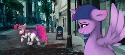 Size: 1550x690 | Tagged: grimdark, artist:themimicartist, derpibooru import, fili-second, pinkie pie, twilight sparkle, twilight sparkle (alicorn), alicorn, earth pony, pony, balloonbutt, blushing, butt, crossover, death, duo, duo female, ear blush, female, image, implied flash sentry, implied flashlight, implied shipping, implied straight, irl, jpeg, mare, photo, plot, ponies in real life, power ponies, spread wings, the boys, wings