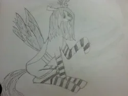 Size: 960x720 | Tagged: safe, artist:anonymous, queen chrysalis, changeling, changeling queen, /mlp/, 4chan, clothes, fangs, female, image, jpeg, monochrome, pencil drawing, raised hoof, sitting, smiling, socks, solo, striped socks, traditional art