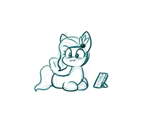 Size: 955x793 | Tagged: safe, artist:zutcha, derpibooru import, pipp petals, pegasus, pony, g5, :3, adorapipp, cute, image, jpeg, lying down, mobile phone, monochrome, phone, ponyloaf, prone, simple background, sketch, smartphone, smiling, solo, white background