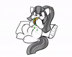 Size: 1025x818 | Tagged: safe, artist:zutcha, derpibooru import, sonata dusk, earth pony, pony, g4, cute, eating, food, grayscale, hoof hold, image, jpeg, messy eating, monochrome, partial color, pillow, simple background, sitting, sketch, solo, sonatabetes, sonataco, taco, white background