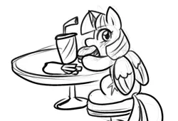 Size: 1066x727 | Tagged: safe, artist:zutcha, derpibooru import, twilight sparkle, twilight sparkle (alicorn), alicorn, pony, g4, black and white, drink, eating, food, french fries, grayscale, hoof hold, image, monochrome, png, simple background, sitting, sketch, solo, that pony sure does love burgers, twilight burgkle, white background