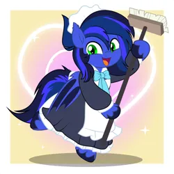 Size: 5000x5000 | Tagged: safe, artist:jhayarr23, derpibooru import, oc, oc:guard cobalt flash, unofficial characters only, bat pony, bat pony oc, bat wings, broom, clothes, commission, crossdressing, cute, image, maid, male, png, smiling, solo, solo male, wings, ych result