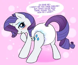 Size: 2393x2007 | Tagged: safe, artist:diaperpony, derpibooru import, rarity, pony, unicorn, abstract background, blushing, butt, butt shake, cute, diaper, diaper butt, diaper fetish, eyebrows, eyeshadow, female, fetish, horn, image, looking at you, looking back, looking back at you, makeup, mare, motion lines, non-baby in diaper, plot, png, poofy diaper, raised eyebrow, raised hoof, raribetes, rear view, smiling, solo, speech bubble, tail, tail hole, talking to viewer