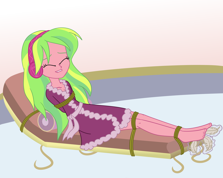 Size: 2500x2000 | Tagged: safe, artist:nie-martw-sie-o-mnie, derpibooru import, part of a set, lemon zest, human, equestria girls, g4, bathrobe, bondage, clothes, eyes closed, feather, feet, female, femsub, foot tickling, headphones, image, png, robe, rope, rope bondage, solo, spa, submissive, tickling, tied down