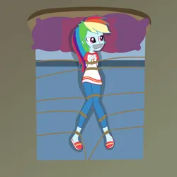 Size: 2500x2500 | Tagged: safe, artist:nie-martw-sie-o-mnie, derpibooru import, part of a set, rainbow dash, human, equestria girls, g4, bed, bondage, clothes, dashsub, female, femsub, gag, image, pajamas, pillow, png, rope, rope bondage, slippers, solo, submissive, tape, tape gag, tied down