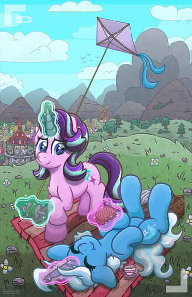 Size: 4400x6800 | Tagged: safe, artist:sol-r, derpibooru import, starlight glimmer, trixie, pony, unicorn, basket, cloud, cup, cute, diatrixes, duo, eating, eyes closed, female, food, glow, glowing horn, happy, horn, image, kite, mare, mountain, picnic basket, picnic blanket, png, ponyville, sandwich, smiling, teacup, that pony sure does love kites