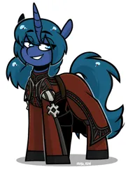 Size: 1285x1663 | Tagged: safe, artist:lrusu, derpibooru import, oc, oc:arclight, unofficial characters only, pony, unicorn, armor, baldur's gate, baldur's gate 3, female, horn, image, mare, png, simple background, solo