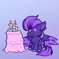 Size: 1000x1000 | Tagged: safe, artist:shad0w-galaxy, derpibooru import, oc, oc:shadow galaxy, unofficial characters only, pegasus, pony, birthday, birthday cake, blushing, cake, candle, chibi, cute, ethereal mane, female, food, gradient background, image, mare, pegasus oc, png, smol, solo, starry eyes, starry mane, starry tail, tail, wingding eyes, wings