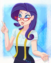 Size: 448x552 | Tagged: safe, artist:crumbelievable, derpibooru import, rarity, human, g4, 2011, female, glasses, humanized, image, jpeg, measuring tape, old art, rarity's glasses, sewing needle, solo, solo female