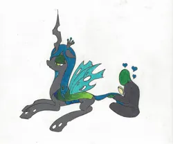 Size: 1635x1363 | Tagged: safe, artist:anonymous, queen chrysalis, oc, oc:anon, changeling, changeling queen, human, /mlp/, 4chan, brush, drawthread, duo, female, floppy ears, grooming, heart, image, jpeg, lidded eyes, male, prone, simple background, sitting, slit eyes, traditional art, white background