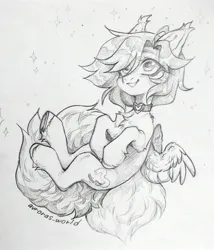 Size: 2453x2865 | Tagged: safe, artist:avroras_world, derpibooru import, oc, unofficial characters only, pegasus, pony, chest fluff, choker, grayscale, hair over one eye, image, jpeg, looking up, monochrome, pencil drawing, smiling, solo, spread wings, traditional art, wings