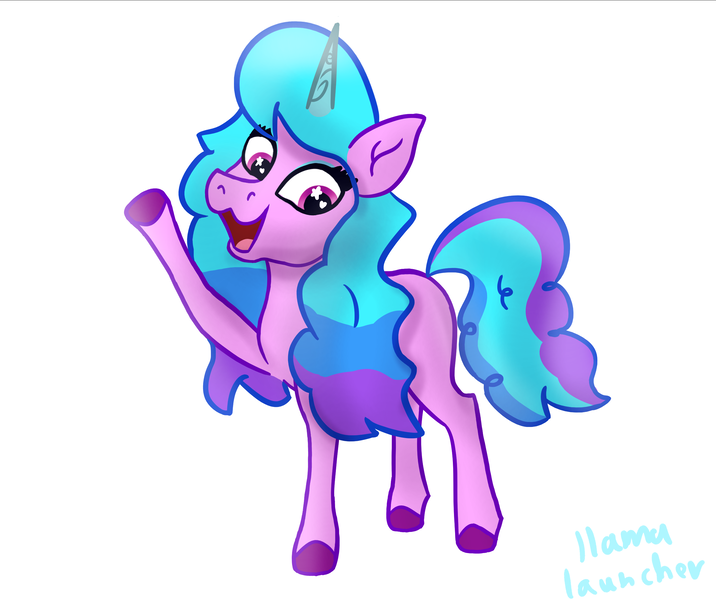 Size: 2577x2160 | Tagged: safe, artist:llamalauncher, derpibooru import, izzy moonbow, horse, pony, unicorn, g5, horn, image, open mouth, open smile, png, raised hoof, signature, simple background, smiling, solo, style emulation, tail, unshorn fetlocks, white background, wild manes, wild manesified