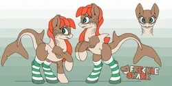 Size: 2715x1357 | Tagged: safe, artist:freckleshark, derpibooru import, oc, oc:freckle, unofficial characters only, original species, pony, shark, shark pony, clothes, female, fish tail, gills, image, mare, png, raised hoof, rearing, reference sheet, shark pony oc, shark tail, sharp teeth, socks, solo, striped socks, tail, teeth