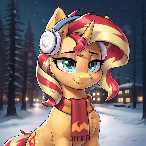 Size: 1024x1024 | Tagged: safe, ai content, derpibooru import, machine learning generated, prompter:thelight3d, stable diffusion, sunset shimmer, unicorn, g4, bundled up, city, clothes, earmuffs, generator:pony diffusion v6 xl, horn, image, jpeg, scarf, snow, solo, tree