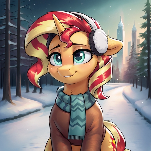 Size: 1024x1024 | Tagged: safe, ai content, derpibooru import, machine learning generated, prompter:thelight3d, stable diffusion, sunset shimmer, unicorn, g4, bundled up, city, clothes, earmuffs, generator:pony diffusion v6 xl, horn, image, jpeg, scarf, snow, solo, tree