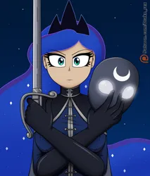 Size: 1700x2000 | Tagged: safe, artist:drake-rex, derpibooru import, princess luna, human, blue eyes, breasts, cape, clothes, crossed arms, crown, ethereal mane, eyelashes, furrowed brow, galaxy mane, gloves, humanized, image, jewelry, looking at you, mask, night, night sky, png, regalia, sky, solo, stars, sword, tiara, weapon