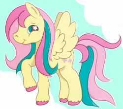 Size: 1324x1181 | Tagged: safe, artist:mimiqq, derpibooru import, fluttershy, pegasus, pony, g2, g4, female, g4 to g2, generation leap, happy, image, jpeg, simple background, smiling, solo, unshorn fetlocks