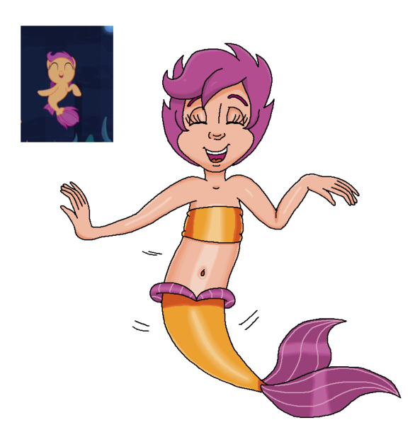 Size: 821x840 | Tagged: safe, artist:ocean lover, derpibooru import, scootaloo, human, mermaid, seapony (g4), g4, season 8, surf and/or turf, spoiler:s08, bandeau, bare midriff, bare shoulders, belly, belly button, child, cute, cutealoo, dancing, eyes closed, female, fins, fish tail, human coloration, humanized, image, mermaid tail, mermaidized, midriff, moderate dark skin, ms paint, open mouth, png, purple hair, reference, reference sheet, scene interpretation, seaponified, seapony scootaloo, short hair, simple background, solo, solo female, species swap, tail, tail fin, tomboy, underwater, water, white background