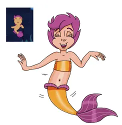 Size: 821x840 | Tagged: safe, artist:ocean lover, derpibooru import, scootaloo, human, mermaid, seapony (g4), g4, season 8, surf and/or turf, spoiler:s08, bandeau, bare midriff, bare shoulders, belly, belly button, child, cute, cutealoo, dancing, eyes closed, female, fins, fish tail, human coloration, humanized, image, mermaid tail, mermaidized, midriff, moderate dark skin, ms paint, open mouth, png, purple hair, reference, reference sheet, scene interpretation, seaponified, seapony scootaloo, short hair, simple background, solo, solo female, species swap, tail, tail fin, tomboy, underwater, water, white background