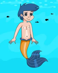 Size: 858x1086 | Tagged: safe, artist:ocean lover, derpibooru import, first base, fish, human, merboy, mermaid, merman, g4, bare shoulders, belly, belly button, blue eyes, blue hair, chest, child, cute, fins, fish tail, happy, human coloration, humanized, image, light skin, male, ms paint, ocean, png, smiling, swimming, tail, tail fin, underwater, water