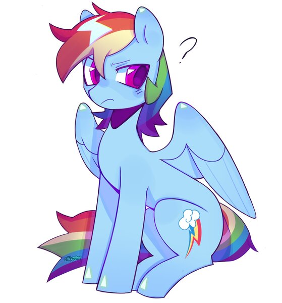 Size: 1642x1762 | Tagged: safe, artist:sillyp0ne, derpibooru import, rainbow dash, pegasus, pony, g4, blue coat, blush lines, blushing, colored eyelashes, cute, dashabetes, female, frown, image, jpeg, looking back, magenta eyelashes, mare, multicolored hair, partially open wings, pink eyes, purple eyelashes, purple pupils, question mark, rainbow hair, rainbow tail, shiny ears, shiny hooves, shiny mane, shiny tail, shiny wings, simple background, sitting, slender, solo, tail, thin, white background, wings