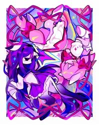 Size: 1618x2048 | Tagged: safe, artist:gochiitears, derpibooru import, ponified, earth pony, pony, unicorn, abstract background, blushing, bow, clothes, duo, female, hair bow, hairband, homura akemi, horn, image, jpeg, leonine tail, madoka kaname, magical girl, mare, puella magi madoka magica, sailor uniform, shield, skirt, tail, tail bow, uniform