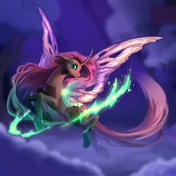 Size: 2048x2048 | Tagged: safe, artist:rrusha, derpibooru import, fluttershy, changeling, pony, g4, butterfly wings, curved horn, female, flying, horn, image, jpeg, magic, mare, slit pupils, solo, species swap, wings