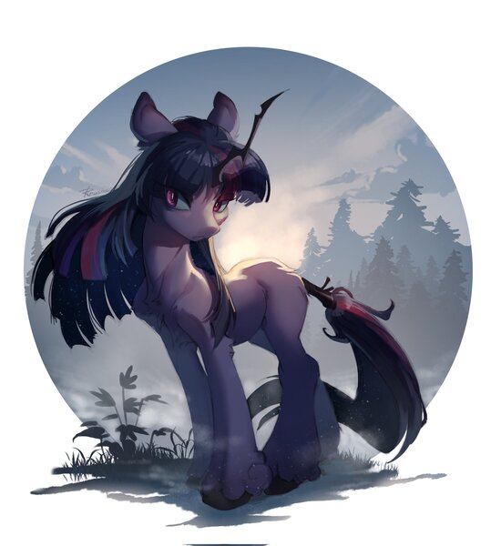 Size: 1878x2048 | Tagged: safe, artist:rrusha, derpibooru import, twilight sparkle, oc, oc:evening star, pony, unicorn, changeling horn, chest fluff, commission, female, horn, image, jpeg, mare, reincarnation, solo, unshorn fetlocks