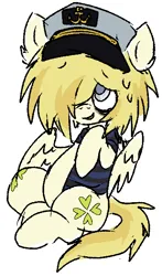 Size: 366x621 | Tagged: safe, artist:muffinz, derpibooru import, oc, oc:luckybreak, unofficial characters only, pegasus, pony, captain hat, clothes, emo, fearful, grin, hat, image, impending doom, nervous, nervous grin, pixel-crisp art, png, shirt, simple background, smiling, solo, white background