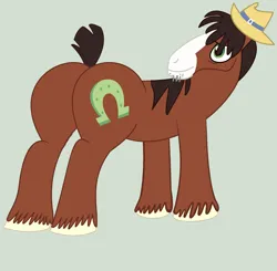 Size: 1785x1750 | Tagged: safe, artist:jonesdylan874, derpibooru import, trouble shoes, clydesdale, horse, g4, season 5, season 9, spoiler:s09, butt, clean, cowboy hat, digital art, green background, hat, image, male, png, simple background, solo