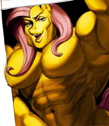 Size: 1111x1280 | Tagged: safe, artist:mskend_a, derpibooru import, fluttershy, anthro, g4, female, flutterguy, gachimuchi, gigachad, image, jpeg, meme, muscles, muscleshy, muscular female, solo, wat