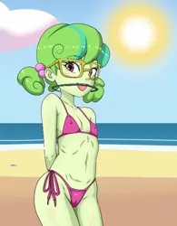 Size: 832x1066 | Tagged: suggestive, artist:prixy05, artist:the-dark-mangaka, banned from derpibooru, stella sprinkles, equestria girls, g4, beach, bikini, clothes, erect nipples, female, grin, image, jpeg, lolicon, looking at you, nipple outline, panties, pink bikini, side-tie bikini, smiling, swimsuit, thong, underage, underwear