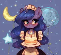 Size: 3714x3309 | Tagged: safe, artist:polnocnykot, derpibooru import, princess luna, alicorn, anthro, g4, apron, balloon, blushing, cake, candle, candlelight, clothes, crescent moon, cute, dress, ear fluff, female, food, french maid, horn, image, jpeg, looking away, maid, maid headdress, moon, shy, smiling, solo, stars