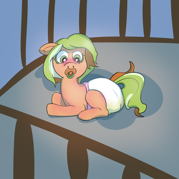 Size: 1280x1280 | Tagged: suggestive, derpibooru import, oc, oc:pumpkin twist, unofficial characters only, earth pony, pony, baby, baby pony, bedwetting, blushing, colored eyelashes, crib, cute, diaper, diaper fetish, diapered, embarrassed, eyelashes, female, fetish, filly, foal, green eyes, image, leaking, leaky diaper, multicolored hair, orange coat, pacifier, peeing in diaper, pissing, png, short mane, solo, urine, wet diaper, wetting, wetting diaper, younger