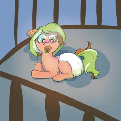 Size: 1280x1280 | Tagged: suggestive, derpibooru import, oc, oc:pumpkin twist, unofficial characters only, earth pony, pony, baby, baby pony, bedwetting, blushing, colored eyelashes, crib, cute, diaper, diaper fetish, diapered, embarrassed, eyelashes, female, fetish, filly, foal, green eyes, image, leaking, leaky diaper, multicolored hair, orange coat, pacifier, peeing in diaper, pissing, png, short mane, solo, urine, wet diaper, wetting, wetting diaper, younger