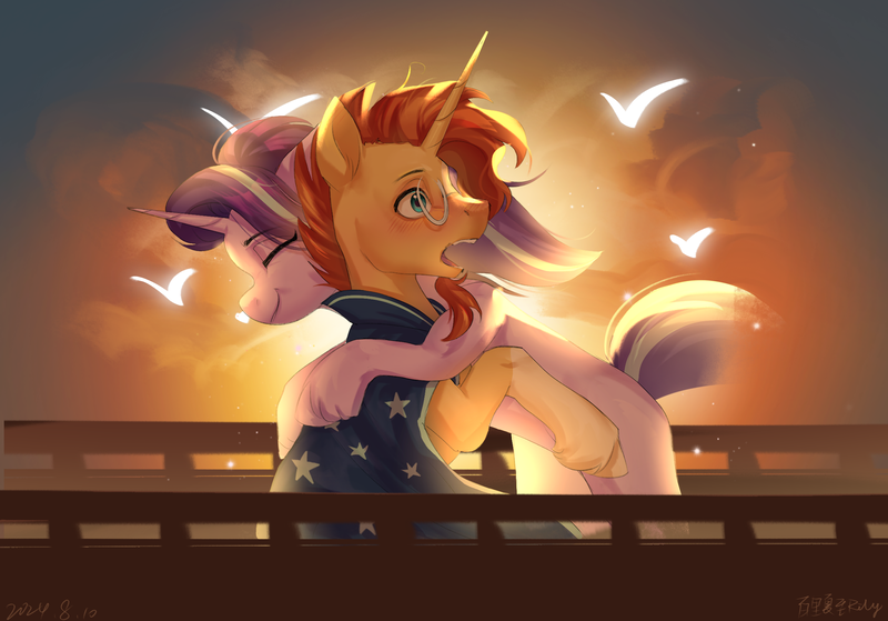 Size: 2388x1668 | Tagged: safe, artist:rily, derpibooru import, starlight glimmer, sunburst, bird, pony, unicorn, g4, chinese text, cloud, eyes closed, female, horn, hug, image, male, moon runes, open mouth, png, smiling, sunset, surprised