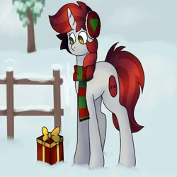 Size: 1000x1000 | Tagged: safe, artist:tarsaqus, derpibooru import, oc, unofficial characters only, earth pony, pony, clothes, earmuffs, fence, image, jpeg, present, scarf, snow, solo, striped scarf, tree, winter