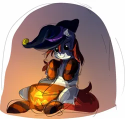 Size: 1600x1525 | Tagged: safe, artist:tarsaqus, derpibooru import, pony, clothes, halloween, hat, holiday, image, jack-o-lantern, jpeg, pumpkin, sketch, smiling, socks, solo, striped socks, wip, witch hat