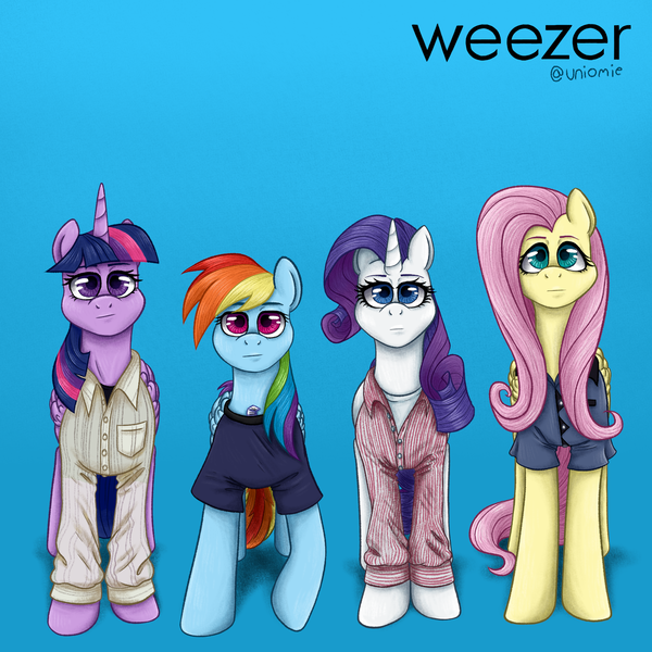 Size: 1600x1600 | Tagged: safe, artist:uniomie, derpibooru import, fluttershy, rainbow dash, rarity, twilight sparkle, twilight sparkle (alicorn), ponified, alicorn, pegasus, pony, unicorn, :|, album cover, clothes, female, gradient background, group, horn, image, looking at you, mare, pants, png, ponified album cover, quartet, shirt, weezer