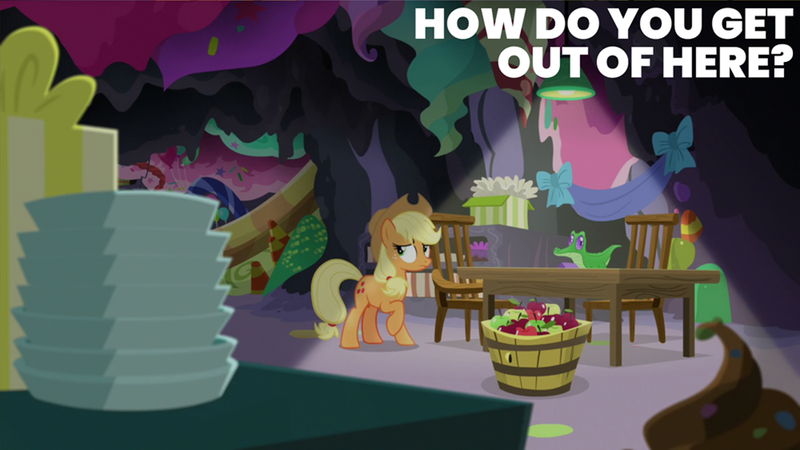 Size: 2000x1125 | Tagged: safe, derpibooru import, edit, edited screencap, editor:quoterific, screencap, applejack, gummy, g4, secrets and pies, apple, chair, duo, food, image, party cave, png, slide, table