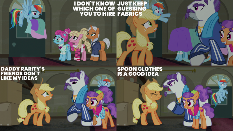 Size: 2000x1125 | Tagged: safe, derpibooru import, edit, edited screencap, editor:quoterific, screencap, applejack, blue bobbin, mr. stripes, plaid stripes, rainbow dash, g4, the saddle row review, image, png