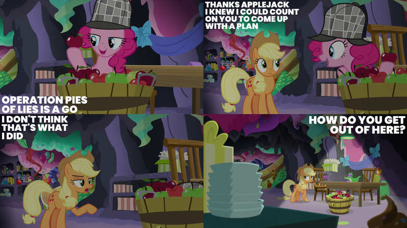 Size: 2000x1125 | Tagged: safe, derpibooru import, edit, edited screencap, editor:quoterific, screencap, applejack, gummy, pinkie pie, alligator, earth pony, pony, g4, secrets and pies, apple, chair, cowboy hat, deerstalker, food, hat, image, party cave, png, slide, stetson, table, trio