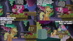 Size: 2000x1125 | Tagged: safe, derpibooru import, edit, edited screencap, editor:quoterific, screencap, applejack, gummy, pinkie pie, alligator, earth pony, pony, g4, secrets and pies, apple, chair, cowboy hat, deerstalker, food, hat, image, party cave, png, slide, stetson, table, trio