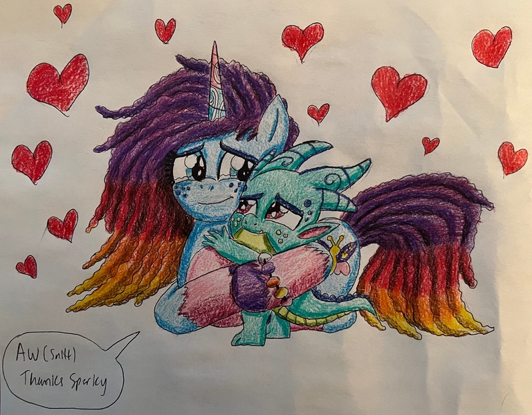 Size: 3474x2711 | Tagged: safe, artist:bozzerkazooers, derpibooru import, sparky sparkeroni, dragon, pony, unicorn, g5, baby, baby dragon, crying, dialogue, duo, duo male and female, female, forgiveness, heart, horn, hug, image, jpeg, male, mare, misty brightdawn, rebirth misty, speech bubble, tears of joy, teary eyes, traditional art, unshorn fetlocks