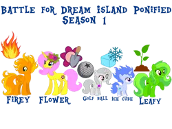 Size: 1032x774 | Tagged: safe, artist:meghan12345, derpibooru import, ponified, earth pony, pegasus, pony, unicorn, g4, battle for dream island, coat markings, cutie mark, eyeshadow, female, filly, firey (battle for dream island), flower, flower (battle for dream island), flower in hair, foal, folded wings, golf ball (battle for dream island), group, hairband, horn, ice cube (battle for dream island), image, leafy (battle for dream island), lidded eyes, makeup, male, mare, png, raised hoof, simple background, smiling, socks (coat marking), stallion, transparent background, wings